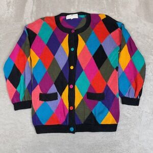 VTG Peruvian Connection Sweater Cardigan Womens M Multicolor Argyle Grandmacore
